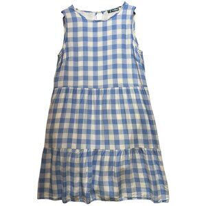 Women's Peasant Prairie Cottagecore Dress Full Lined Size S White Blue Gingham